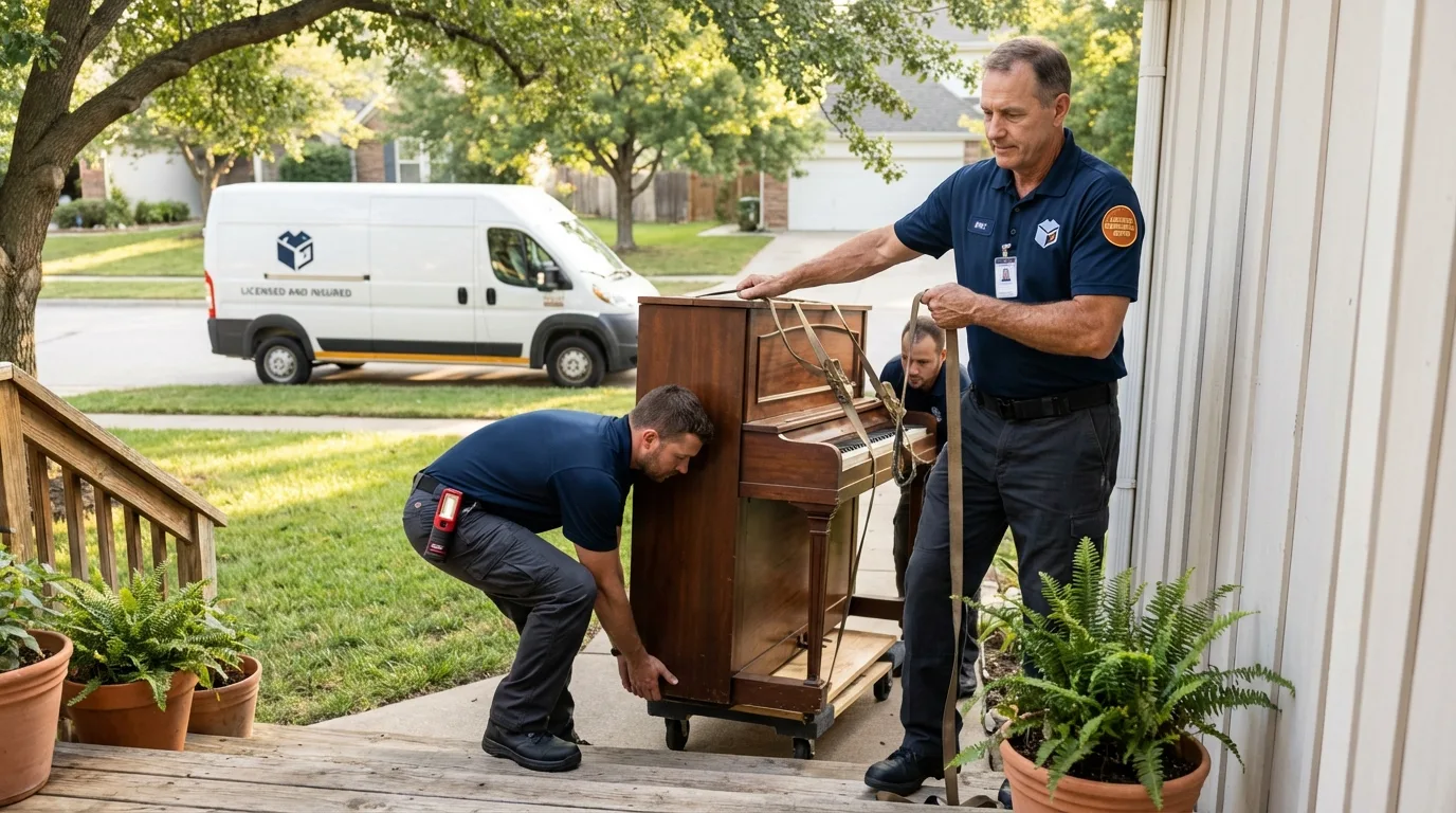 Licensed piano movers securing grand piano in Hugo, CO