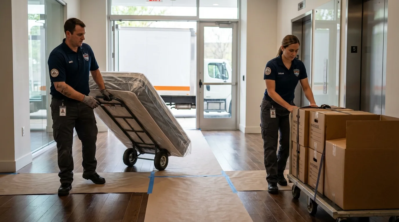 Professional apartment movers loading elevator in Hugo, CO